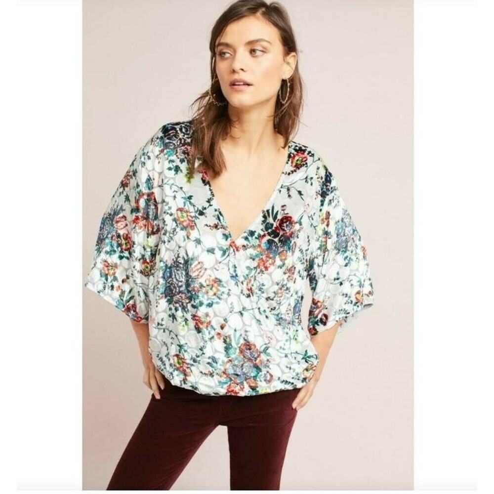 Maeve Anthropologie Silk Blend Velvet Floral Umi Wrap Top Blouse Burnout S